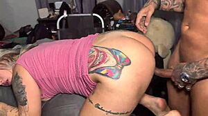 Three black guys fucking the blonde's pussy and ass