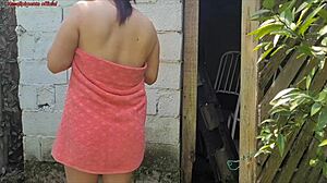 Shower breaks so married woman asks farm caretaker for help in just a towel and offers compensation.