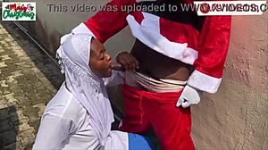 Long dick Santa Claus plays with his cock, then offers wet pussy as a gift on camera