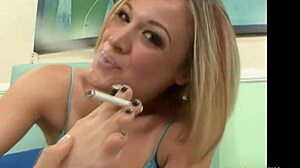 This blonde milf with big ass gives footjob