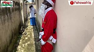 Long dick Santa Claus plays with his cock, then offers wet pussy as a gift on camera