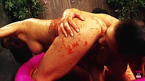 three nasty lesbian sluts feel intense passion wrestling in jelly pool