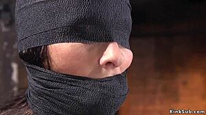 Hairy pussy beauty in hogtie gets caned 😈