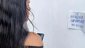 paying the room with sex in advance, brunette latina engages in deepthroat and doggystyle in dorm