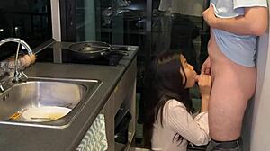 18 year old asian girl fucked while cooking by big white cock