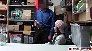 Brunette teen shoplifter endures deepthroat and intense fucking on police desk at shop