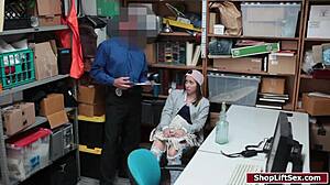 Brunette teen shoplifter endures deepthroat and intense fucking on police desk at shop