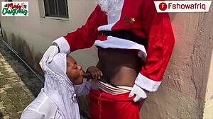 Long dick Santa Claus plays with his cock, then offers wet pussy as a gift on camera