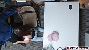 Brunette teen shoplifter endures deepthroat and intense fucking on police desk at shop