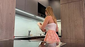 big boobs blonde college girl flashes miniskirt ass legs chores