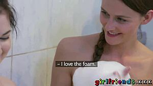 Girlfriend Kira Zen Fingers Big Tits Friend's Shaved Pussy in Steamy Bath