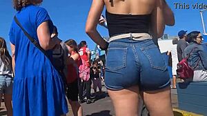 candid voyeur catches big juicy ass bouncing in tight shorts and jeans
