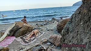 flashing pussy on beach guy fingers me to squirt publicly