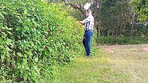 brazilian bear gardener strokes huge thick cock till milk sprays farm