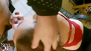 French amateur slut in red satin bodysuit and green leather pants gives deepthroat blowjob rimjob ass fingering with heels