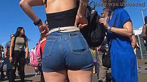 candid voyeur catches big juicy ass bouncing in tight shorts and jeans