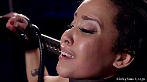 ebony slave bound tight choked deepthroated gagged squirting in device torment