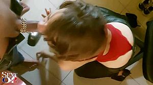 French amateur slut in red satin bodysuit and green leather pants gives deepthroat blowjob rimjob ass fingering with heels