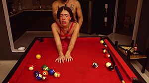 Scort in Dress Rides Cock Hard over Pool Table with Cum Cover