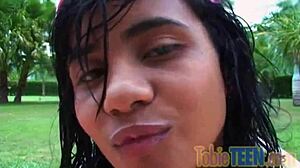 Petite Latina teen tobie strips wet outdoors fingering shaved pussy teasing