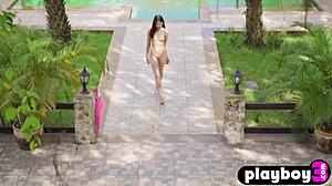 Petite brunette milf poses sexy in lingerie for playboy