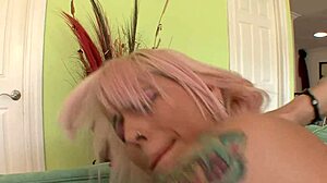 Blonde babe's shaved pussy grabs friend's monster cock for nonstop blowjob and cumshot