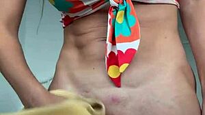 Outdoor shower soaks body before smooth pussy shave reveal