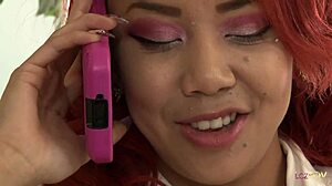 curious what happens when asian dyke straps on for redhead pussy pounding?