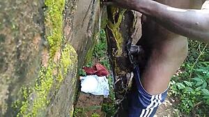 young oiled babe has sex with plantain outdoors in lush garden nature