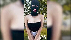 the horny shemale sneaks to public park fingering her big ass tits on webcam