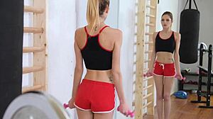 Wet teen Rebecca Volpetti's tight asshole stretched by monster cock in gym quickie.