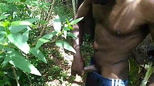young oiled babe has sex with plantain outdoors in lush garden nature