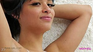 Cute brunette teen with perfect body teases daddy in casting interview on sofa