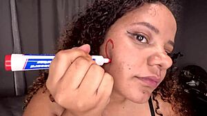 suggestive bbw slut inks dirty words then deepthroats dildo