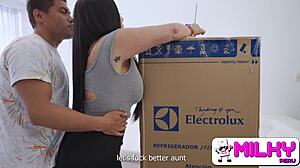 Hey stepson watch your big tits stepmom fuck three burglars right here!