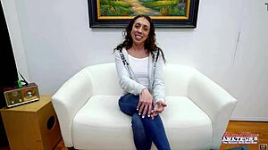 Horny brunette Mercedez rims big cock then deepthroats before riding dildo to swallow cum