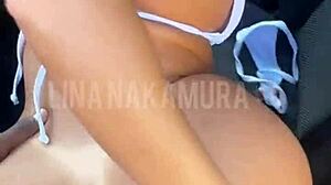 Vigilante rams Japanese babe's tight pussy in public parking lot