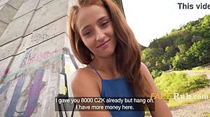 Shy petite czech teen flashes pussy no panties wallet pickup outdoor cash fuck!