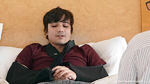 the strict teacher grabs her asian student's cock for a deep handjob before fucking him hard in class