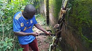 young oiled babe has sex with plantain outdoors in lush garden nature