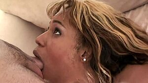 Ebony pleasure bunny deepthroats white cock in lingerie, jerking til facial cumshot she swallows eagerly