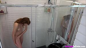 STEPDAUGHTER fingers her TIGHT shaved SLIT on hidden SHOWER cam