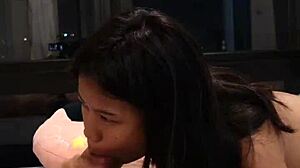 18-year-old petite asian girlfriend swallows huge interracial cumshot close-up pov