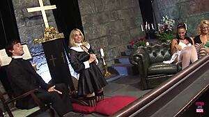 imagine hot blondes and brunettes sparking a steamy church orgy in heels