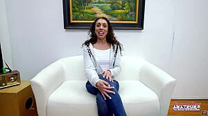 Horny brunette Mercedez rims big cock then deepthroats before riding dildo to swallow cum