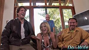 Blonde housewife lya pink spreads legs wide as strangers bang her while husband watches closely