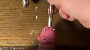 Chubby pierced fat guy shows useless small cock in solo BDSM amateur cumshot