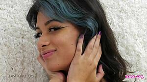 Cute brunette teen with perfect body teases daddy in casting interview on sofa