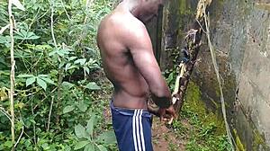 young oiled babe has sex with plantain outdoors in lush garden nature