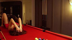 Scort in Dress Rides Cock Hard over Pool Table with Cum Cover